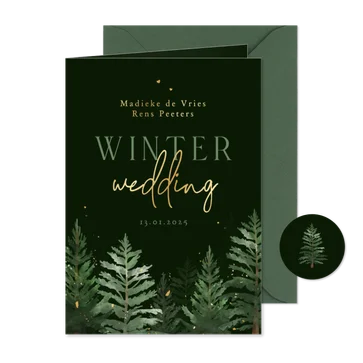 Trouwkaart winter wedding dennenbomen donker groen goud